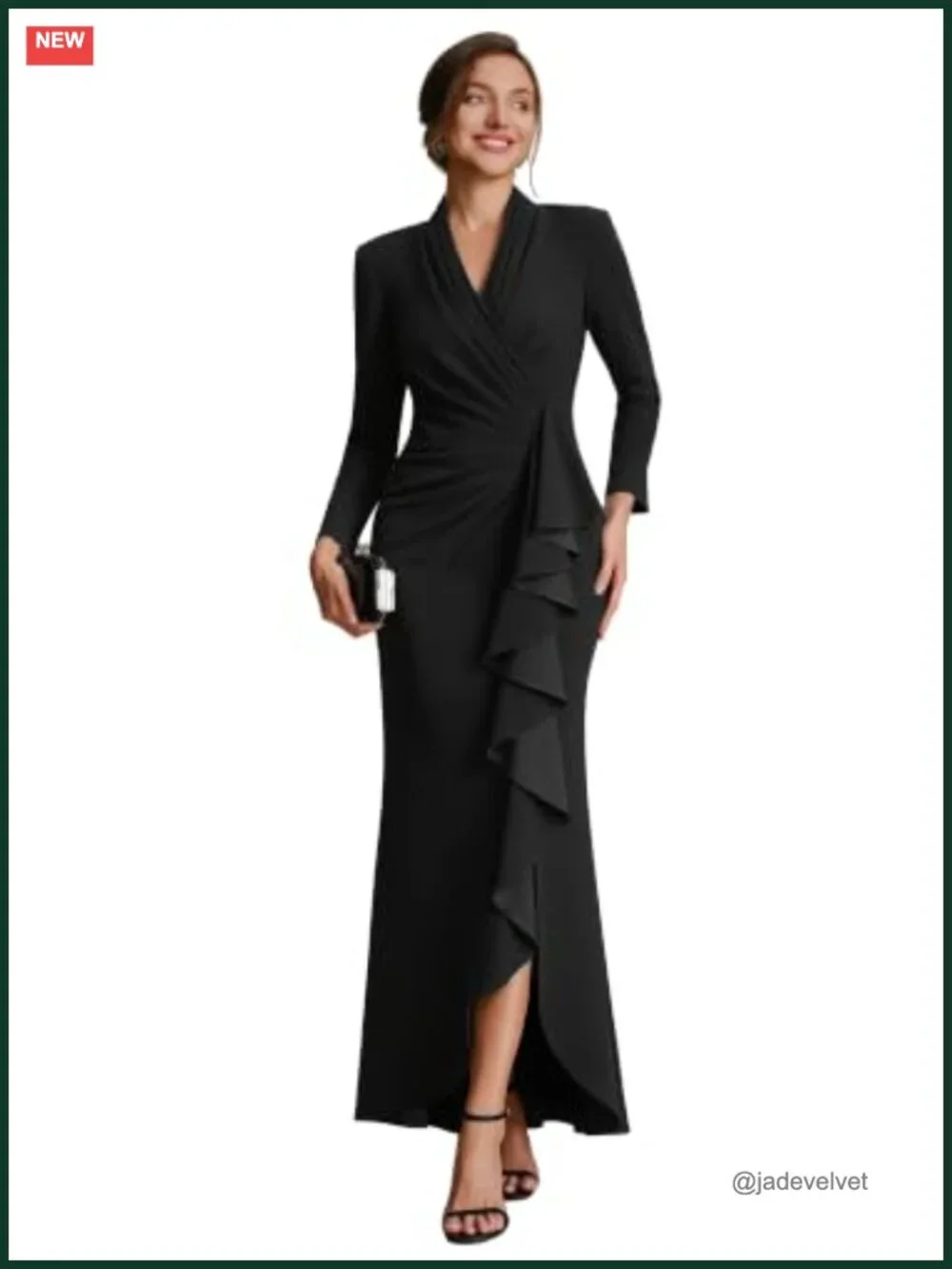 V-Neck Long Sleeve High Low Bodycon Crepe Evening Gown Formal Dress